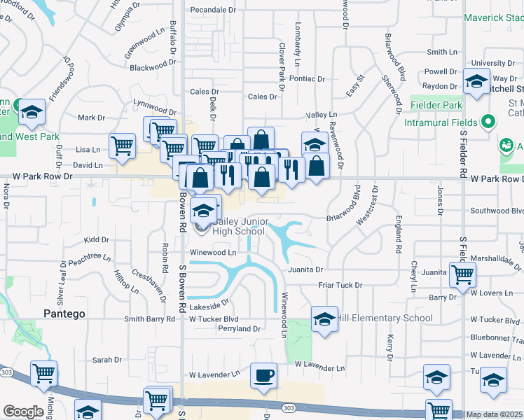 map of restaurants, bars, coffee shops, grocery stores, and more near 2211 Briarwood Boulevard in Arlington