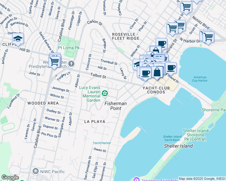 map of restaurants, bars, coffee shops, grocery stores, and more near 3235 Harbor View Drive in San Diego