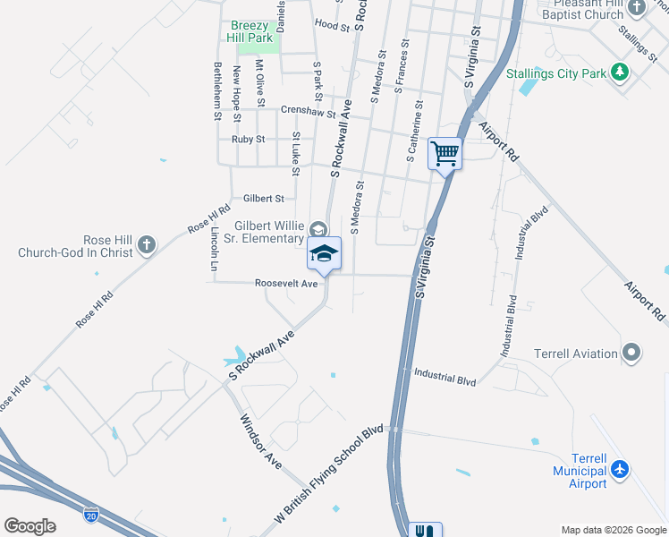 map of restaurants, bars, coffee shops, grocery stores, and more near 398 Baker Street in Terrell