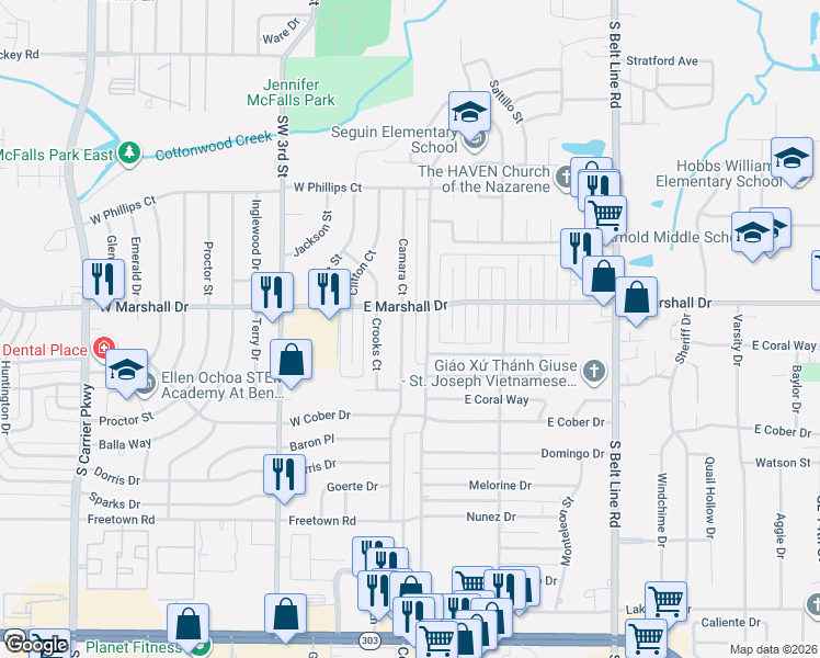 map of restaurants, bars, coffee shops, grocery stores, and more near 1814 Southeast 4th Street in Grand Prairie