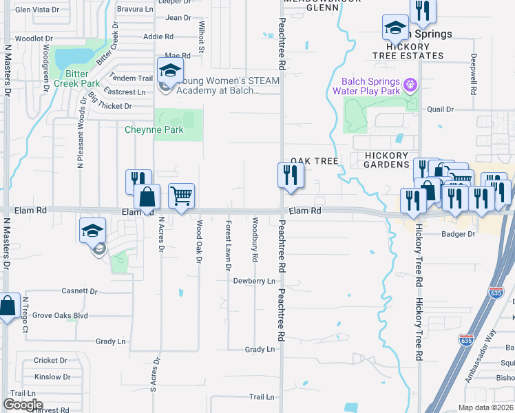 map of restaurants, bars, coffee shops, grocery stores, and more near 11233 Elam Road in Balch Springs