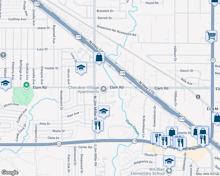 map of restaurants, bars, coffee shops, grocery stores, and more near 7204 Elam Road in Dallas