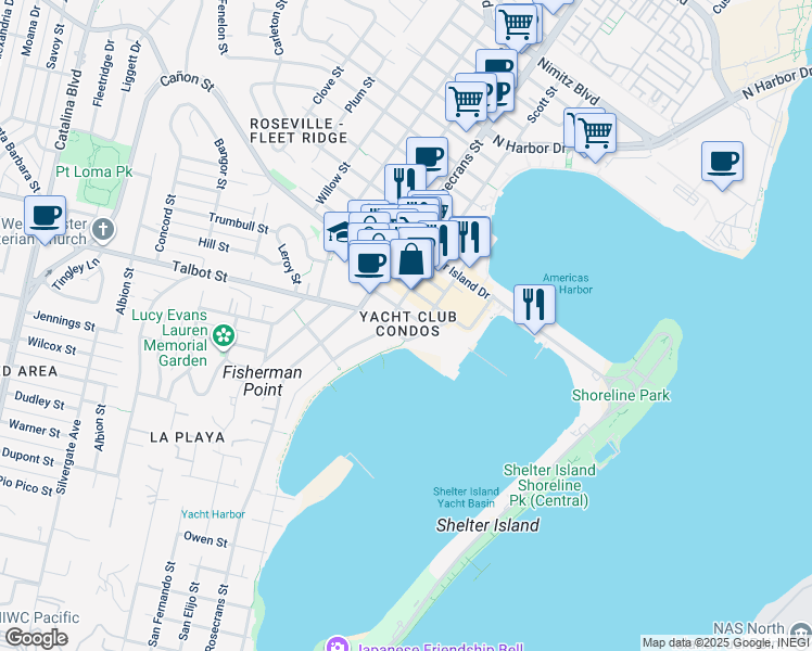 map of restaurants, bars, coffee shops, grocery stores, and more near in San Diego