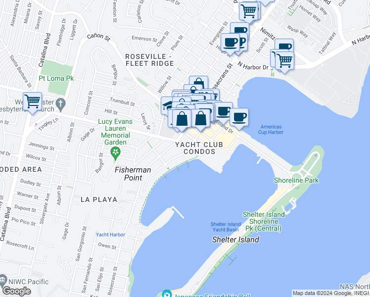 map of restaurants, bars, coffee shops, grocery stores, and more near 2905 Talbot Street in San Diego
