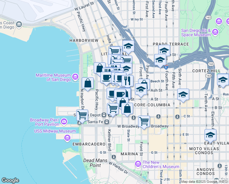map of restaurants, bars, coffee shops, grocery stores, and more near 555W West Ash Street in San Diego