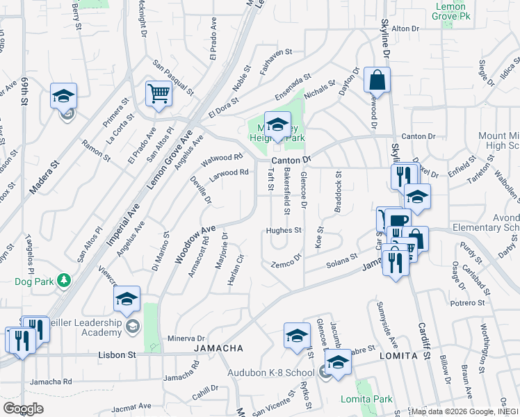 map of restaurants, bars, coffee shops, grocery stores, and more near 1531 Woodrow Avenue in San Diego