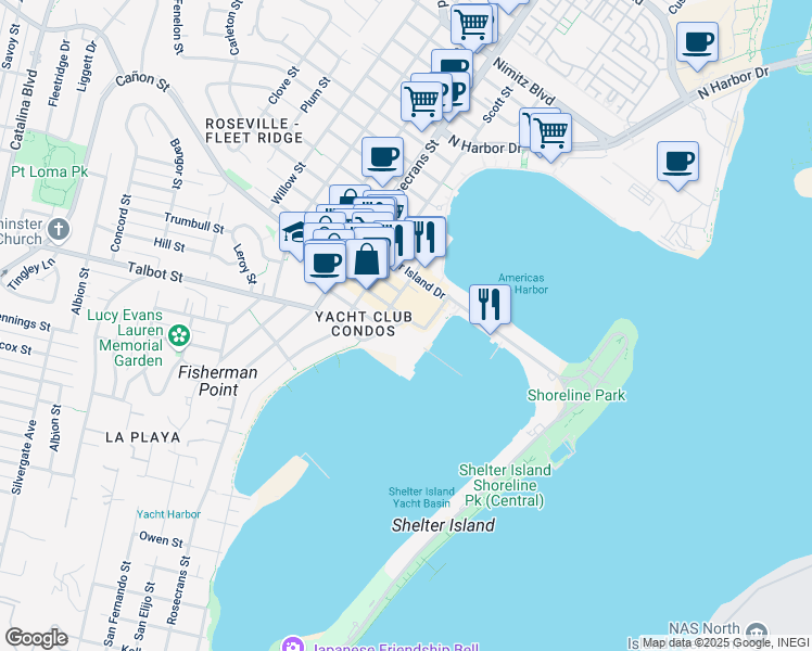 map of restaurants, bars, coffee shops, grocery stores, and more near 1199 Anchorage Lane in San Diego