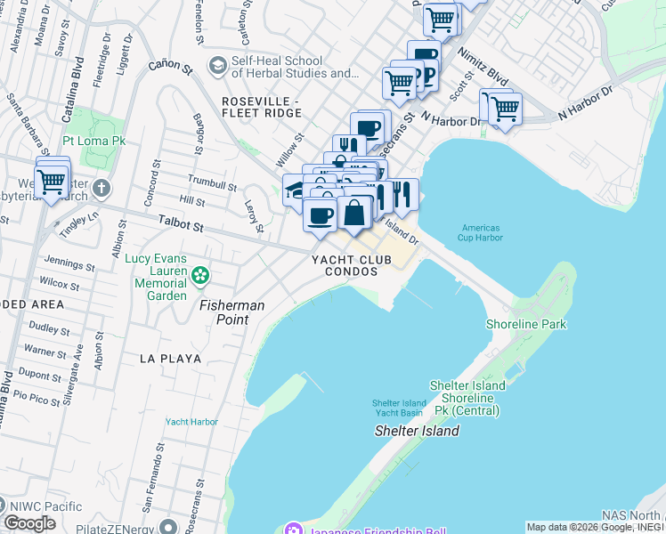 map of restaurants, bars, coffee shops, grocery stores, and more near Talbot St & Scott St in San Diego