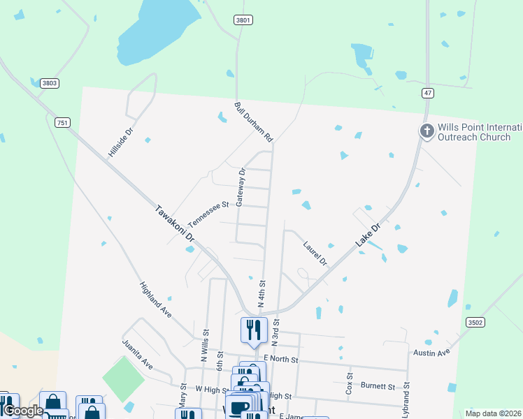 map of restaurants, bars, coffee shops, grocery stores, and more near 125 Tennessee Street in Wills Point