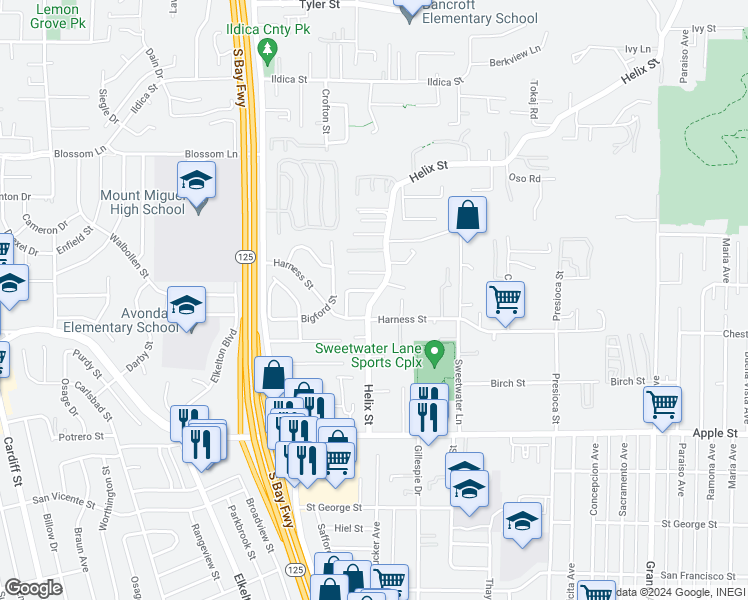 map of restaurants, bars, coffee shops, grocery stores, and more near 1453 Helix Street in Spring Valley
