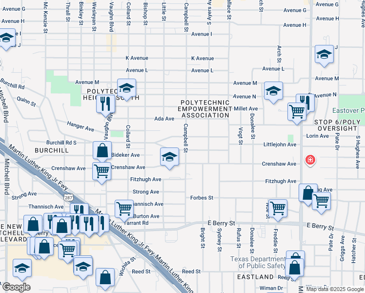 map of restaurants, bars, coffee shops, grocery stores, and more near 3535 South Littlejohn Avenue in Fort Worth