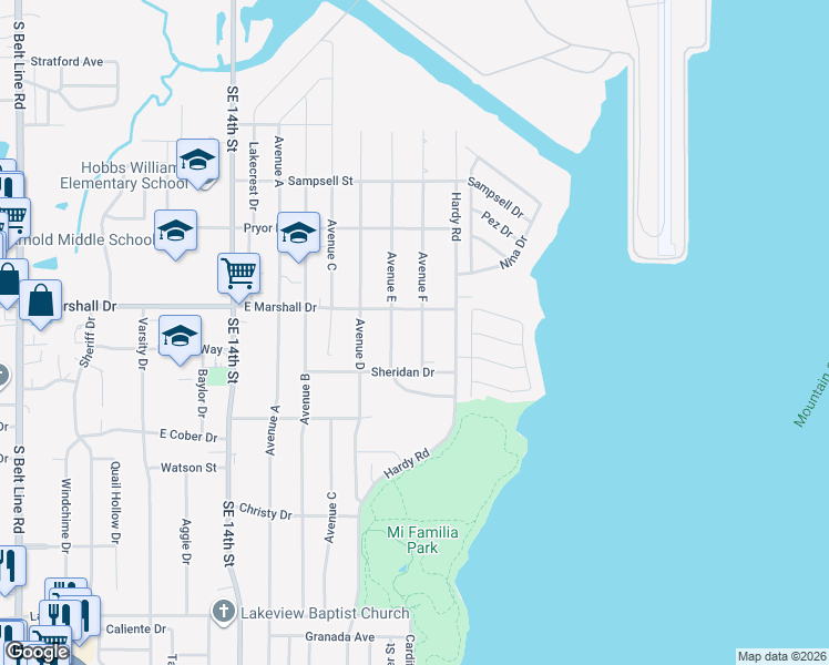 map of restaurants, bars, coffee shops, grocery stores, and more near 1818 Avenue East in Grand Prairie