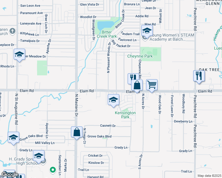 map of restaurants, bars, coffee shops, grocery stores, and more near 10515 Elam Road in Dallas