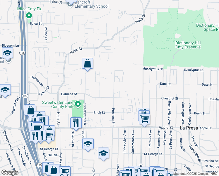 map of restaurants, bars, coffee shops, grocery stores, and more near 1604 Presioca Street in Spring Valley