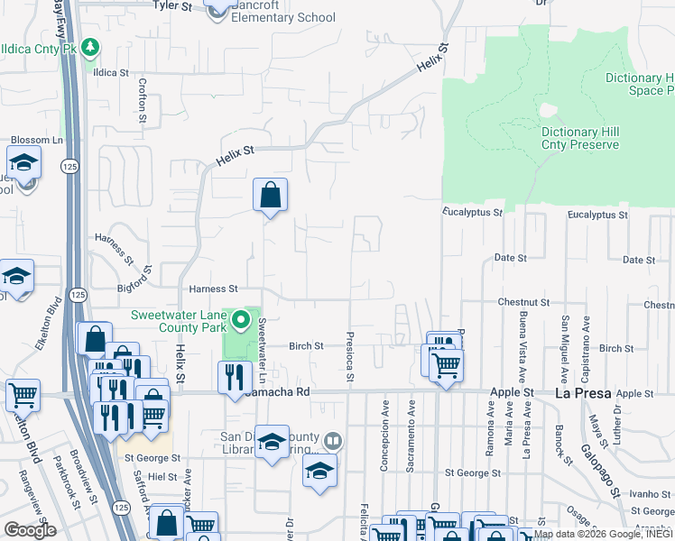 map of restaurants, bars, coffee shops, grocery stores, and more near 1550 Presioca Street in Spring Valley