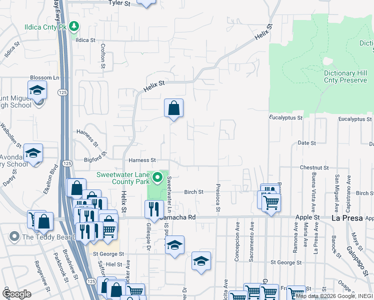 map of restaurants, bars, coffee shops, grocery stores, and more near 1624 Canyon Road in Spring Valley