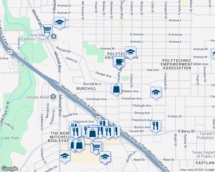 map of restaurants, bars, coffee shops, grocery stores, and more near 3017 Bideker Avenue in Fort Worth