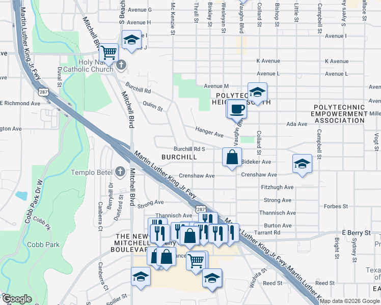 map of restaurants, bars, coffee shops, grocery stores, and more near 2836 Burchill Road South in Fort Worth