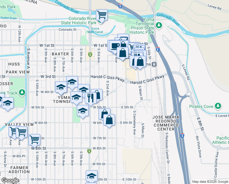 map of restaurants, bars, coffee shops, grocery stores, and more near 129 West 4th Street in Yuma