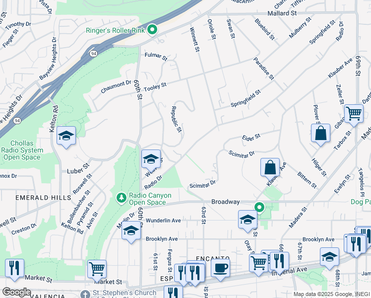 map of restaurants, bars, coffee shops, grocery stores, and more near 6196 Radio Drive in San Diego