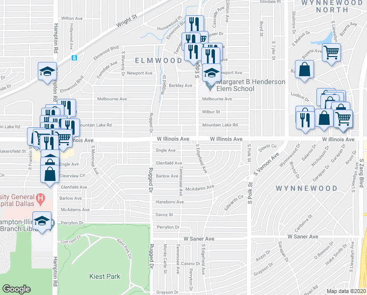map of restaurants, bars, coffee shops, grocery stores, and more near 1513 Engle Avenue in Dallas