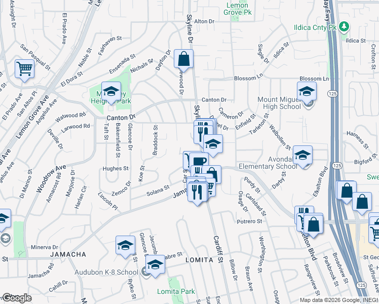 map of restaurants, bars, coffee shops, grocery stores, and more near 7842 Sanford Drive in Lemon Grove
