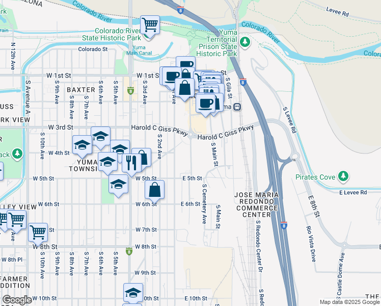 map of restaurants, bars, coffee shops, grocery stores, and more near 432 South Madison Avenue in Yuma