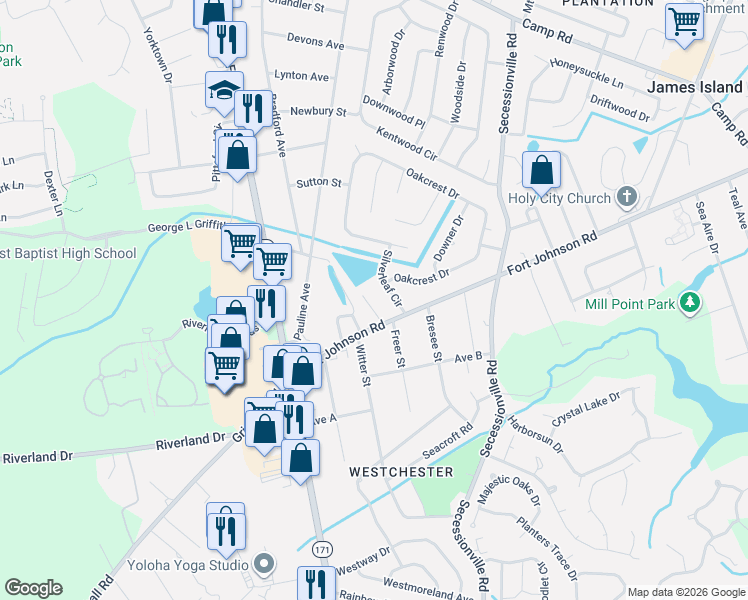 map of restaurants, bars, coffee shops, grocery stores, and more near 1530 Fort Johnson Road in Charleston
