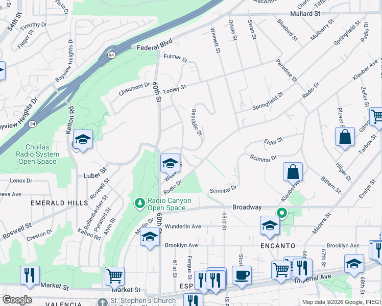 map of restaurants, bars, coffee shops, grocery stores, and more near 6115 Burian Street in San Diego