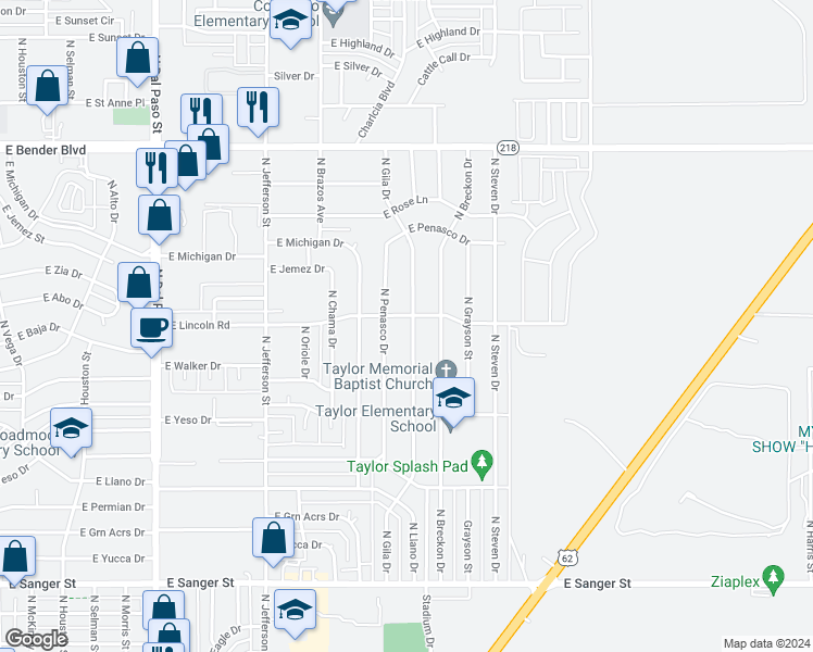 map of restaurants, bars, coffee shops, grocery stores, and more near 1737 North Gila Drive in Hobbs