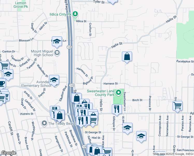 map of restaurants, bars, coffee shops, grocery stores, and more near 8726 Harness Street in Spring Valley