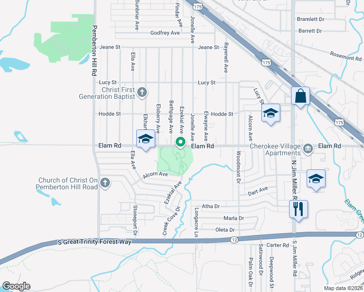 map of restaurants, bars, coffee shops, grocery stores, and more near Elam Rd & Ezekial Ave in Dallas