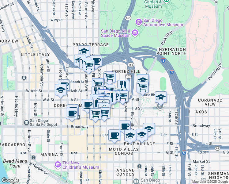 map of restaurants, bars, coffee shops, grocery stores, and more near 801 Ash Street in San Diego