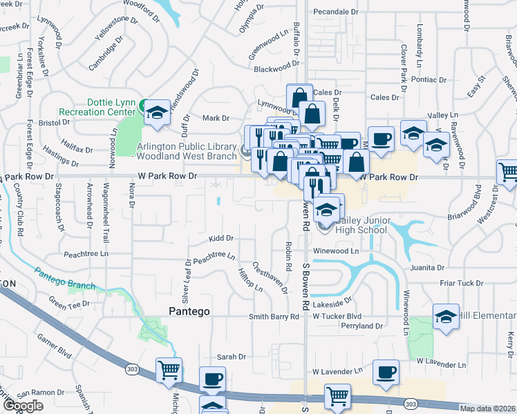 map of restaurants, bars, coffee shops, grocery stores, and more near 2600 Miller Lane in Pantego