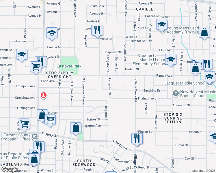 map of restaurants, bars, coffee shops, grocery stores, and more near 2424 Langston Street in Fort Worth