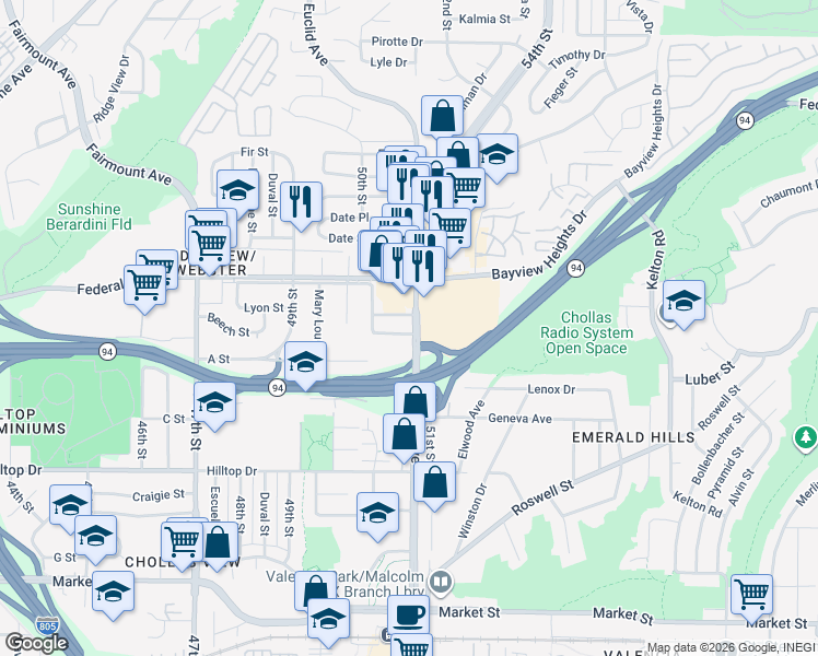 map of restaurants, bars, coffee shops, grocery stores, and more near 5070 Beech Street in San Diego
