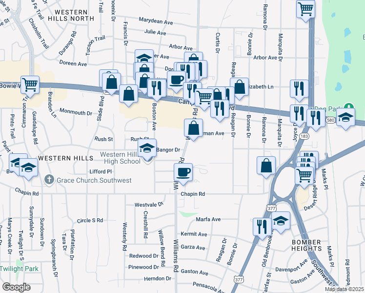 map of restaurants, bars, coffee shops, grocery stores, and more near 3536 Williams Road in Benbrook