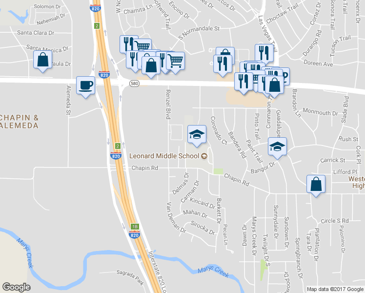 map of restaurants, bars, coffee shops, grocery stores, and more near 3609 Chapin Court in Fort Worth