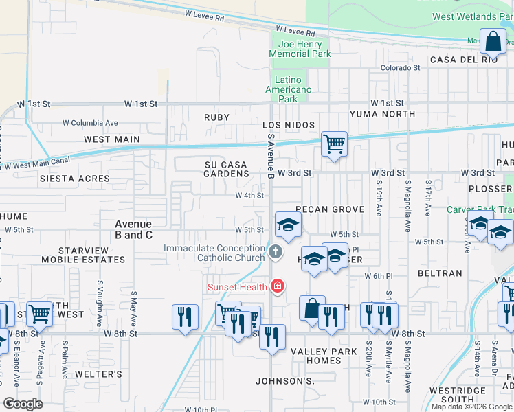 map of restaurants, bars, coffee shops, grocery stores, and more near 12 West 4th Place in Yuma