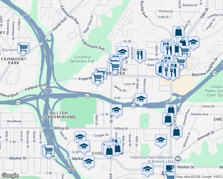 map of restaurants, bars, coffee shops, grocery stores, and more near 4749 Beech Street in San Diego