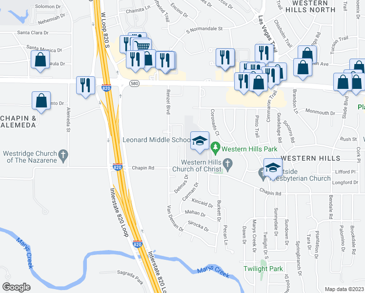 map of restaurants, bars, coffee shops, grocery stores, and more near 3609 Chapin Court in Fort Worth