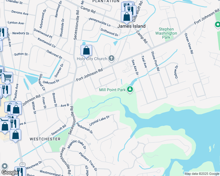 map of restaurants, bars, coffee shops, grocery stores, and more near 1230 Chuka Court in Charleston