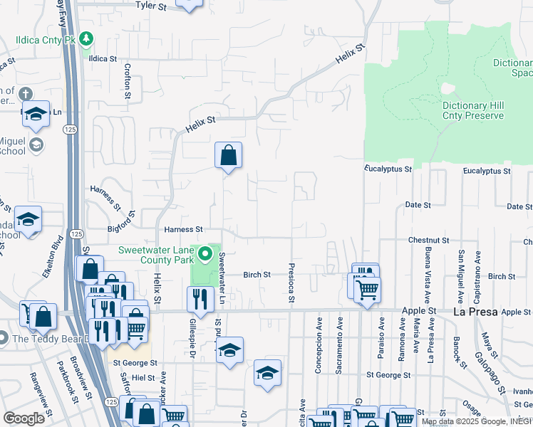 map of restaurants, bars, coffee shops, grocery stores, and more near 1645 Canyon Road in Spring Valley