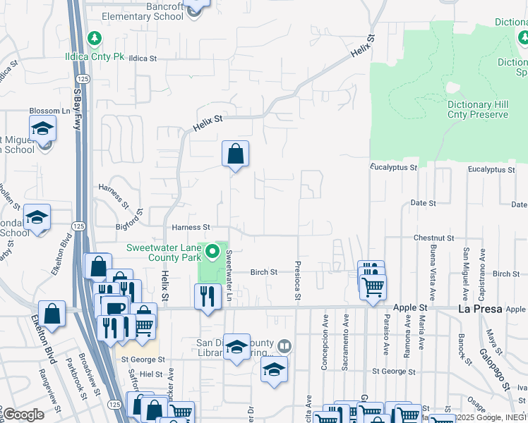 map of restaurants, bars, coffee shops, grocery stores, and more near 1645 Canyon Road in Spring Valley