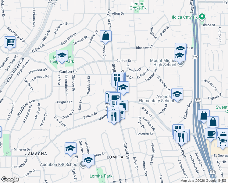 map of restaurants, bars, coffee shops, grocery stores, and more near 7842 Sanford Drive in Lemon Grove