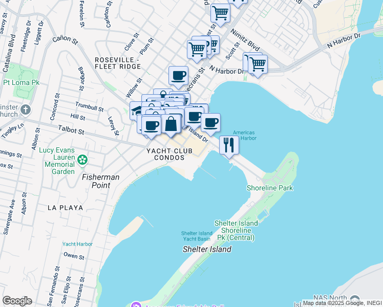 map of restaurants, bars, coffee shops, grocery stores, and more near 1199 Anchorage Lane in San Diego