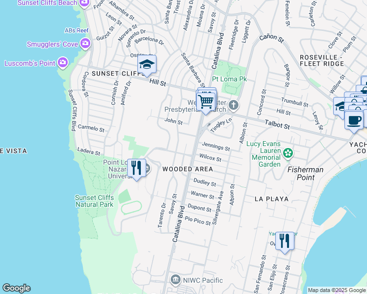 map of restaurants, bars, coffee shops, grocery stores, and more near 804 Temple Street in San Diego