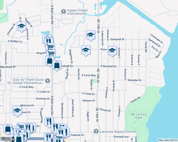 map of restaurants, bars, coffee shops, grocery stores, and more near 1212 East Coral Way in Grand Prairie