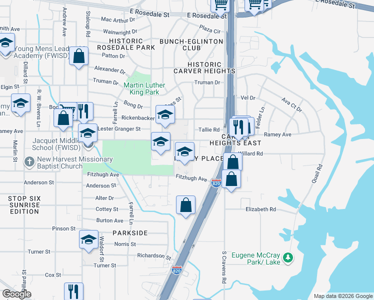 map of restaurants, bars, coffee shops, grocery stores, and more near 2621 Diver Court in Fort Worth