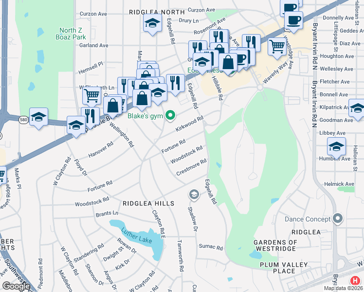 map of restaurants, bars, coffee shops, grocery stores, and more near 6474 Woodstock Road in Fort Worth